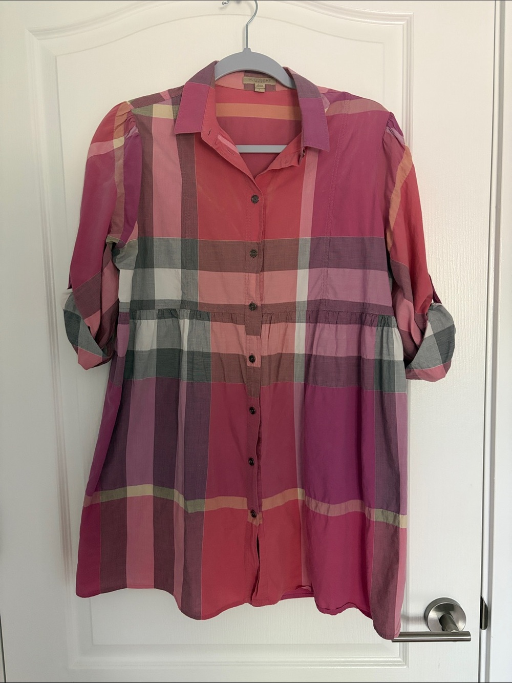 Burberry Plaid Button-Front Tunic Top in Pink & Purple Sz L